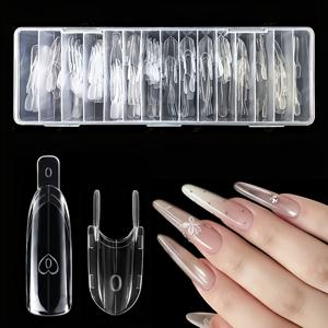 TEMU 105개 - BASIC TIPS 가정용 DIY 및 살롱용 사전 제작 네일 연장용 - 듀얼몰드 아몬드형 프레스온 네일, 15가지 사이즈 몰드 포함, 변형 없음 & 종이 없는 부착, 네일 아트 디자인을 위한 퀵 네일 팁
