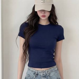 TEMU 스위트 앤 스파이시 스타일 네이비 블루 슬림핏 반팔 여성용 하이웨이스트 크롭 탑 티셔츠, 한국풍 활용도 높은 베이스 레이어