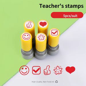 TEMU 5개입 (5개 팩) 색상 코드가 있는 셀프잉크 교사용 도장, 숙제 교정 및 수업 피드백에 적합, 얼굴, 별, 원, 지문 인상용 내구성 있는 ABS 열감성 잉크 학용품