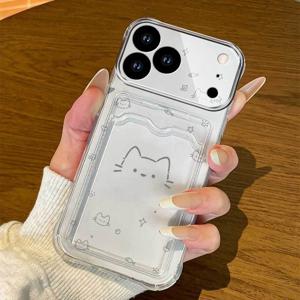 TEMU 휴대폰 케이스 - 귀여운 고양이 머리 투명 카드 슬롯 커버 (아이폰 17 Pro Max AIR 12 Promax 13 Plus 15 16E 16 11 6 6S 7 8 X XR XS XSMAX) 지갑 카드 홀더 투명 소프트 케이스
