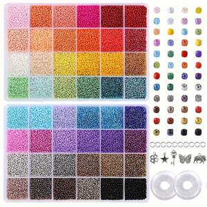 TEMU 48색 3mm 유리 씨드 비즈 키트, 보관함 2개, 행잉 고리, 점핑 링 & 투명 고무 밴드 포함, 팔찌 만들기, 공예, 구슬 장식용품에 적합 - 48톤 유리구슬, 접착제 불필요