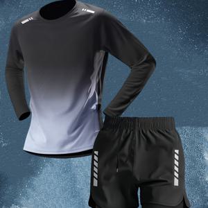 TEMU 2pcs 세트: 그라데이션 디자인의 긴팔 상의와 핏 좋은 이중 레이어 반바지, 엉킴 방지 반바지, 스포츠 및 피트니스 타이트핏 의상