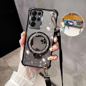 TEMU 삼성 갤럭시 S26 S25 S24 S23 울트라 FE 플러스용 크로스바디 랜야드 글리터 충격 방지 도금 폰 케이스 미러 홀더 커버 케이싱
