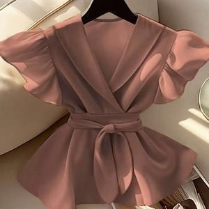 TEMU 엘레강스 스페셜: 봄/여름 프렌치 스타일 은은한 시스루 쉬폰 블라우스, 러플 장식과 패치워크 디자인. 일상 출퇴근, 주말 데이트, 친구와의 애프터눈 티에 적합. 하이웨이스트 데님 스커트와 밝은 색상의 수트 팬츠와 잘 어울림. ZLLZ
