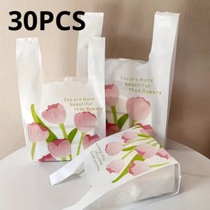 TEMU 남녀공용 선물용 튤립 프린트 대형 휴대용 쇼핑백 30개 팩, 조끼형 비닐봉투, 파티용 휴대용 선물가방