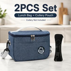 TEMU 휴대용 보온 도시락 가방 2개 세트, 젓가락/젓 Country Style 주머니 포함 - 통근용 도시락 가방 - 수저 보관 파우치가 있는 핸드헬드 크로스백 도시락 가방 - 야외용 심플한 대용량 보온 도시락 가방, 젓가락/젓국자 주머니 포함, 비식품 접촉용