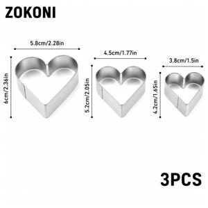 TEMU ZOKONI 스테인리스 스틸 하트 쿠키 커터 3종 세트, 쿠키용 베이킹 몰드, 퐁당, 페이스트리 및 케이크 데코레이션용, 가정용 주방, 어린이 파티 및 휴일 베이킹용 재사용 가능한 디저트 커터