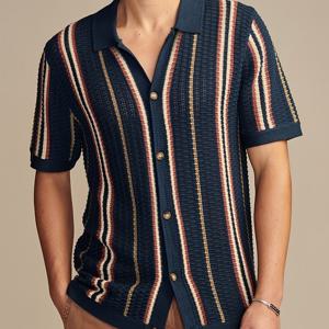 TEMU 여름 신상 남성용 할로우 아웃 대비색 니트 폴로 셔츠 라펠 오픈 가디건 멀티컬러 세로 반팔 니트 탑