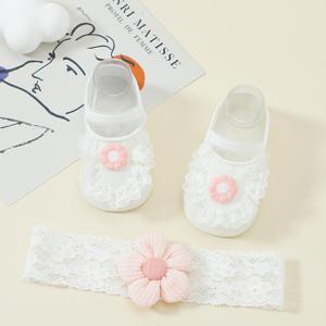 TEMU 신생아용 레ース 장식 양말과 수寿花 머리띠 1세트, 생후 첫 달 선물용, 미끄럼 방지 도트 그립 아기 양말