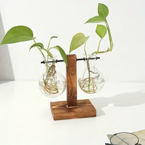 TEMU 식물 재배 T자형 나무 스탠드, 유리 전구 2개 포함, 가정, 정원, 사무실, 거실, 침실 탁상용 장식, 식물 애호가를 위한 선물