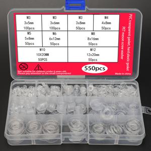 TEMU 보관 상자가 포함된 550개 투명 PVC 및 PET 스페이서 세트. 다양한 크기 (M3/M4/M5/M6/M8/M10/M12)로 제공되며, 하드웨어 및 가구 애플리케이션에 적합합니다.