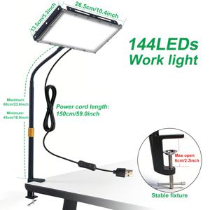 클램프형 USB LED 작업대 램프 (144/96개 흰색 LED, 6000K, 주광색, 높이 및 각도 조절 가능, USB 플러그 및 스위치 및 150cm 전원 코드 포함, 플러그 앤 플레이, 간편한 설치). 사무실 작업장 작업대 조명에 적합