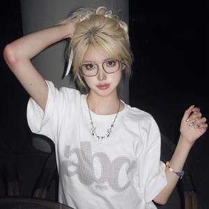 여성 Y2K 기하학적 프린트 반팔 티셔츠 - 봄/여름용 통기성 라운드 넥 캐주얼 탑, 기계 세탁 가능한 흰색 티셔츠 일상복 및 레이어링용, 빈티지 티셔츠