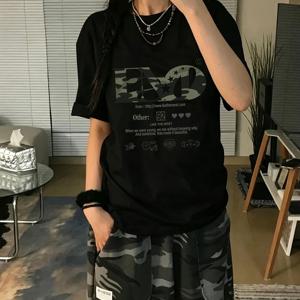 남녀공용 카모플라주 레터 프린트 루즈핏 반팔 티셔츠787