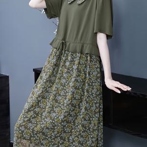 TEMU 플러스 사이즈 신상 캐주얼 스타일 시폰 원피스, 심플하고 우아하며 세련된 디자인. 가벼운 드레이핑 핏, 패치워크 디자인, 드로스트링 허리, 인형 스타일 칼라, 플로럴 프린트가 특징. 이 루즈한 오버사이즈 미디 기장 원피스는 캐주얼웨어로 입기 좋은 플레어형으로 흐르는 듯한 밑단이 있으며, 몸매 비율을 살려주고 복부를 보정해줍니다