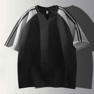 TEMU 2026 봄/여름 트렌디한 신상 컬러블록 더블바 노치드 V넥 반팔 남성용 티셔츠, 여름 래글런 소매 티셔츠, 플러스 사이즈 남성 상의