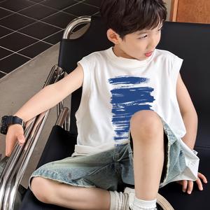 TEMU 아동용 다용도 캐주얼 민소매 티셔츠 2025 신상 여름 스타일, 남아용 스타일리시하고 나이감 줄어드는 베스트 탑