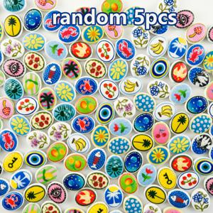 TEMU DIY 주얼리 제작용 평평한 타원형 빈티지 세라믹 구슬 5개 - 다색상, 코코넛 나무, 꽃, 풍경 & 악의 눈 구슬에 적합, 휴대폰 공예용 - 공예 용품