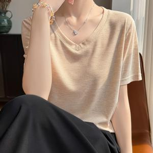TEMU 우아한 여성 솔리드 컬러 V넥 티셔츠 아이스 섬유 원단 속건성 원단 약간의 비침 풀오버 반팔 간편 다용도 여름 얇고 시원한 티셔츠 드레이프 캐주얼 스트리트 여성 티셔츠 기본 스타일 레이어드 패션 옷장 필수품 여성