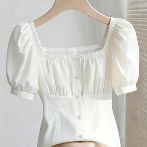 TEMU ZD260320116 여성용 엘레강스 스퀘어넥 퍼프 슬리브 밀크메이드 탑, 슬림핏, 플레어드 밑단, 출퇴근용, 파티용, 캐주얼 복장용, 기계 세탁 가능, 활용도 높은 셔츠