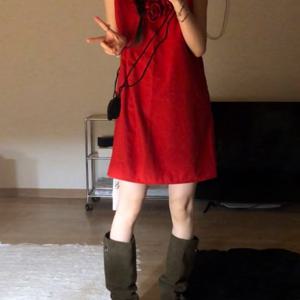 TEMU 여성용 레드 로즈 민소매 원피스 2026년 여름 신상 고급스러운 기품의 슬림핏 조끼 숏 스커트