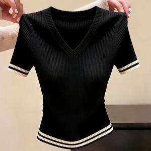TEMU 여성용 여름 반팔 탑, 허리라인 강조 디자인 V넥, 봄 여름용 레귤러 핏 스웨터