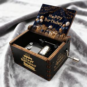 TEMU 생일 선물용 클래식 직사각형 나무 오르골 1개, 깜짝 패턴, 해피 버스데이, 핸드 크랭크식 나무 오르골, 노래 