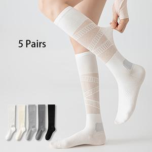 TEMU 여성용 통기성 무릎 높이 압박 양말 5켤레 세트, 단계적 압력, 종아리 서포트 & 미끄럼 방지 쿠션 밑창 - 달리기, 요가, 여행, 간호사 다리용, 속이 빈 메쉬 스포츠 양말