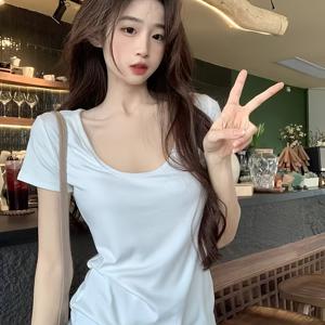 TEMU 여성용 스퀘어넥, U넥, 레귤러 숄더 반팔 티셔츠 - 독특하고 아름다운, 특정 소비자층, 순수하면서도 매력적인 화이트 탑