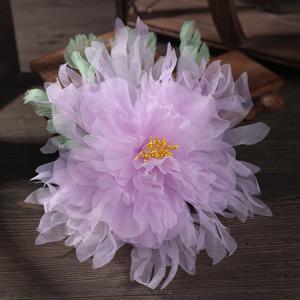 TEMU 라이트 퍼플 거즈 대형 모란꽃 머리핀 1개, 수제 핫 스탬핑 플로럴 시폰 엣지 클립, 업스타일 및 머리장식용 신부 헤어핀