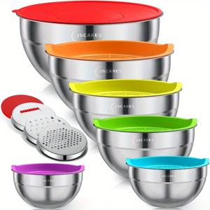 TEMU 6pcs 컬러풀 밀폐 뚜껑 스테인리스 스틸 메탈 믹싱볼 세트, 3가지 그레이터 포함 (4.5, 3.5, 2.1, 1.5, 0.7QT 사이즈)