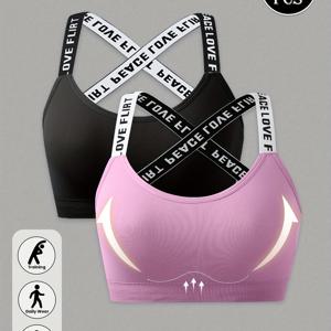 TEMU 여성용 레터 프린트 스트랩리스 오픈백 섹시 스포츠 브라 2개 세트, 혼합 색상, 크리스크로스 오픈백 와이어프리 집σι 편안한 탈부착형 패드 스포츠 요가 탱크탑 1개