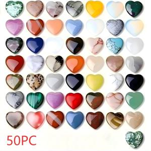 50개 천연 및 인조 하트 모양 스톤, 엄지돌, 장식 스톤 및 장식용 랜덤 재료, 밝은 색상, 광택 질감