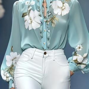 TEMU 우아한 플로럴 프린트 스탠드업 칼라 풍선 소매 셔츠