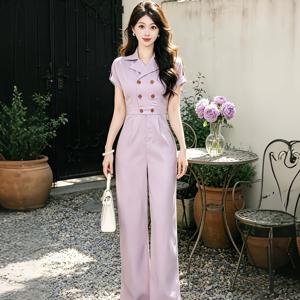 TEMU 새로운 여름 여성용 점프수트, 우아한 라펠 칼라, 양단 버튼, 허리를 조이는 핏, 반팔, 긴 바지