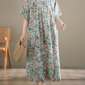 봄/여름 신상 플러스 사이즈 문학적 라운드넥 얇은 루즈핏 패턴 반팔 드레스 커버업 여성용