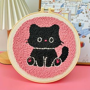 TEMU 1세트 고양이 동물 패턴 펀치 니들 자수 키트 DIY 스타터 세트 20x20cm/7.87x7.87인치 쉬운 사용 도구 세트