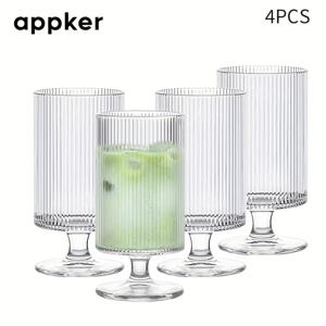 Appker 2/4개 리브 유리 고블렛 - 12 Oz, 짧은 줄기 와인 글라스 - 10 Oz, 세로 줄기 유리, 주스, 물, 아이스 커피, 위스키 및 칵테일에 적합