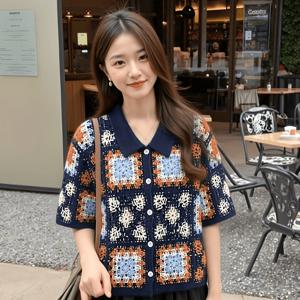 TEMU 레트로 코바늘 레이스 속이 빈 스탠드업 칼라 반팔 루즈핏 캐주얼 셔츠 탑