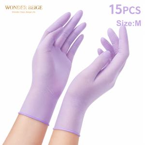 WONDER BEIGE 9인치 보라색 일회용 니트릴 장갑, 손쉬운 착용 및 제거, 부드럽고 통기성 좋은 신축성, 피부에 부드러움, 반려동물 관리, 친화적인 일상적인 가정 청소 작업, 일반 가정 업무, 남성 여성