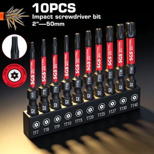TEMU 10개 세트의 충격 방지 도난 방지 드릴 비트, 50mm S2 스틸 TT7-TT40 (레드 & 블랙 색상), 보관 랙 포함, 고강도 드릴용으로 설계, 파손 방지 및 자석 기능