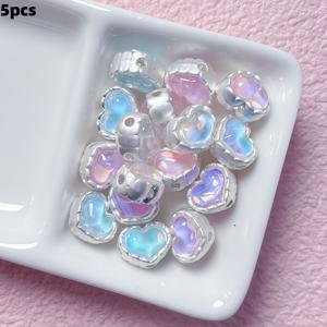 TEMU 오로라 컬러 라인스톤 네면 하트 직구멍 비즈 5개 DIY 폰스트랩 키체인 재료 주얼리 액세서리