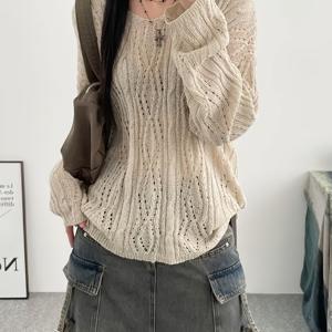 새로운 봄/여름 스타일, 단품, 빈티지 오픈워크 케이블 커버업, 루즈하고 여유로운 스웨터, 니치 타이 디테일 활용도 높은 긴팔 상의