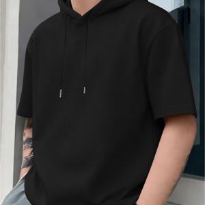 TEMU 남성 솔리드 컬러 후드 티셔츠, 신기한 캐주얼 반팔 후드티, 루즈핏 후드 반팔 상의, 다용도 남성 캐주얼 니트, 여름 야외 캐주얼 반팔 블랙, 레트로 패션 트렌드 의류
