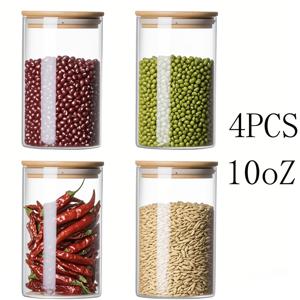 TEMU 10Oz 원형 유리 향신료 병 대량 세트 4개, 280ml, 뚜껑이 있는 유리 보관 용기, 고 붕규산 유리, 소금, 후추, 설탕, 곡물, 건조 식품 및 향신료를 주방에서 보관하기에 적합