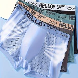 TEMU 남성용 패션 메쉬 시스루 박서 쇼츠 'Hello' 통기성 속옷 팬티 4개입, 아이스 실키 언더팬츠