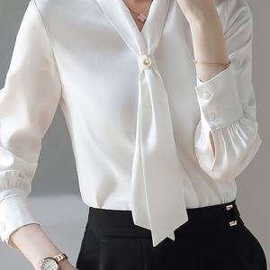 TEMU 솔리드 컬러 타이 장식 비즈 V넥 셔츠, 우아한 긴팔 블라우스, 봄과 가을에 적합한 여성복