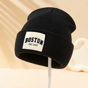TEMU BOSTON1947 프린팅 니트 비니, 가을/겨울용 신축성 강화 챙 없는 모자, 따뜻한 귀 보호용 머리 감싸는 모자