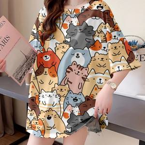 TEMU 여성용 슬림핏 루즈 캐주얼 카툰 캣 프린트 티셔츠 - 통기성 좋은 미디엄 스트레치 반팔 라운드넥 롱라인 탑, 봄 여름 가을용, 세탁기 사용 가능, 비침 방지 소재, , 트렌디한 디자인, 오버사이즈 티셔츠, 패션 애호가를 위한 스타일리시 아이템