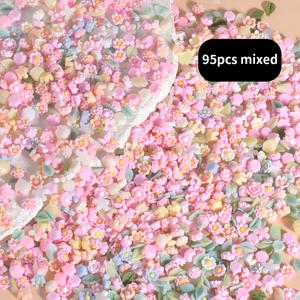 TEMU 95개, 미니 나뭇잎 및 꽃 모양 장미, 다양한 꽃 믹스, 레진 소재, 네일 아트 장식 액세서리, 3D 야광 및 비야광, 플랫 백, 마카롱 색상 팔레트, 레진 소재, DIY 헤어 클립, 헤어밴드, 휴대폰 케이스 액세서리, 혼합 스타일 및 색상